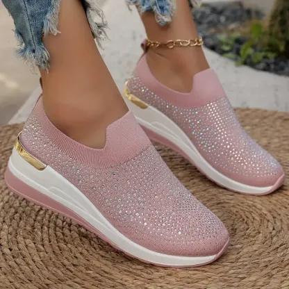 Women's Rhinestone Decor Platform Sneakers Slip-On Outdoor Shoes