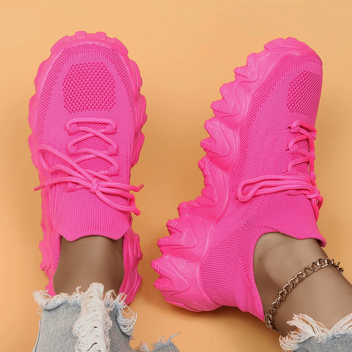 Women's Breathable Stretch Knit Thick Sole Slip‑On Trainers Walking Shoes