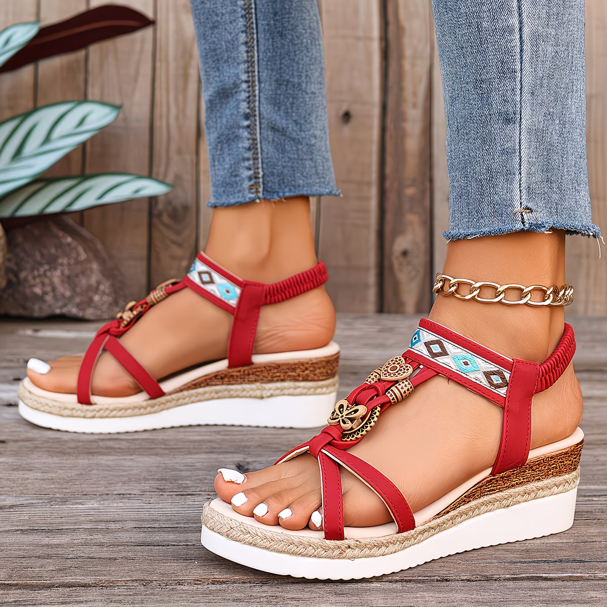 Women's Lightweight Bohemian Floral Print Wedge Sandals