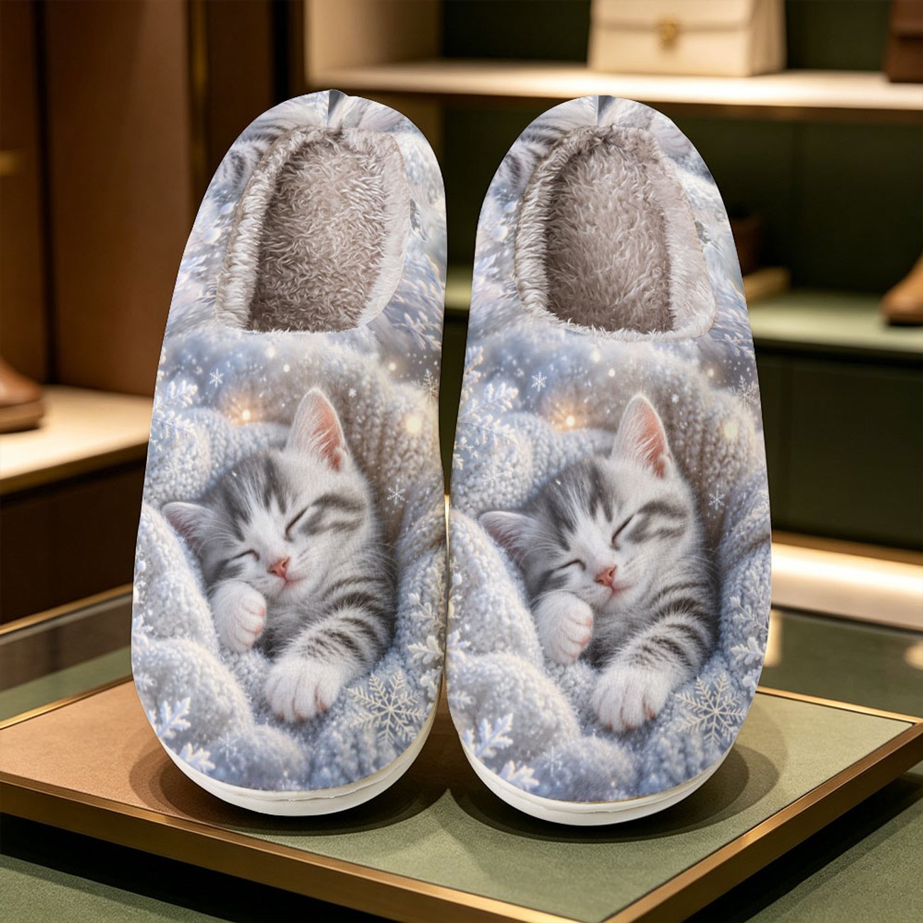Women's Winter Sleeping Kitten Print Fleece Slippers