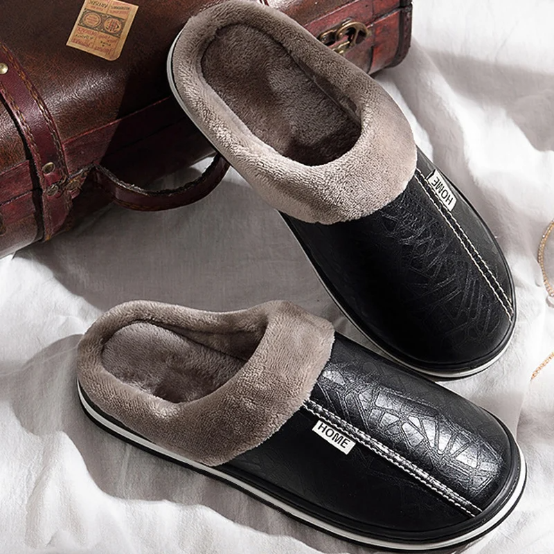 Unisex Warm Waterproof Non‑Slip Leather Winter Slippers Indoor House Shoes