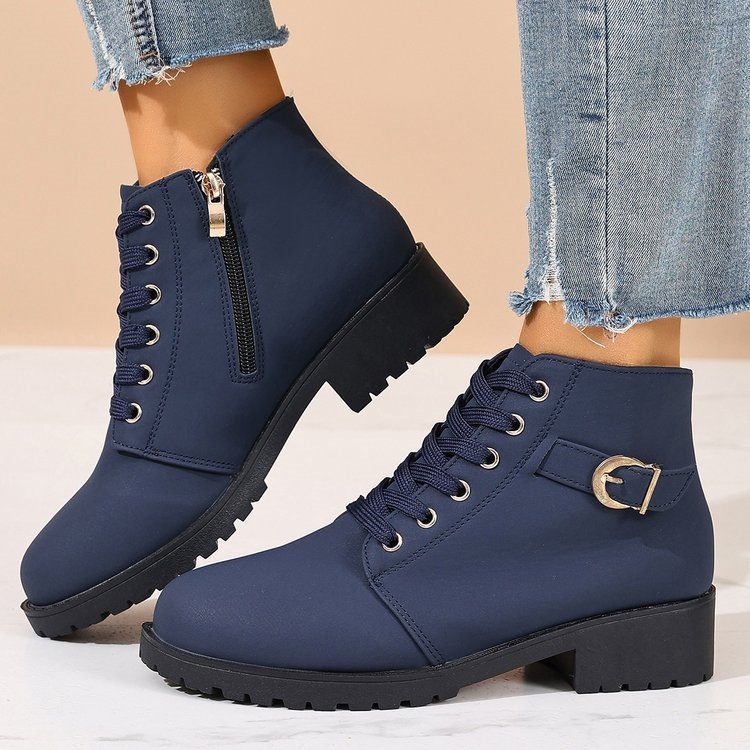 Women’s Side Zip Buckle Low Block Heel Ankle Boots