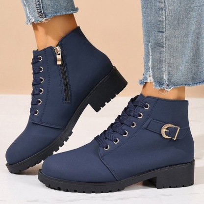 Women’s Side Zip Buckle Low Block Heel Ankle Boots