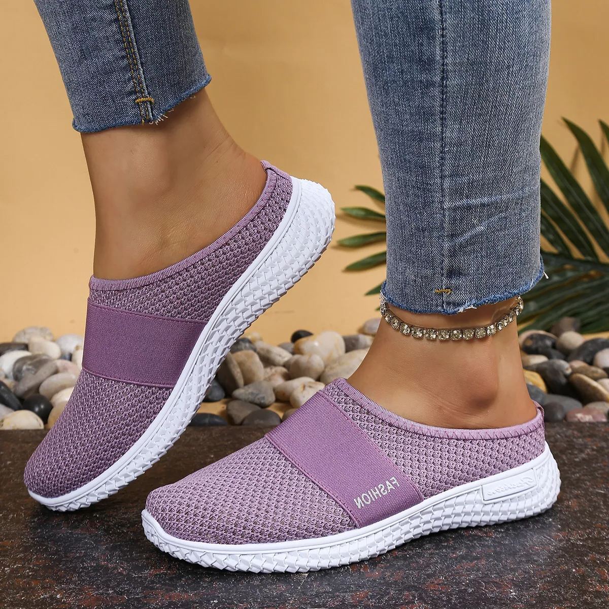 Women's Breathable and Comfortable Knit Mule Sneakers Slip-On Outdoor Walking Shoes