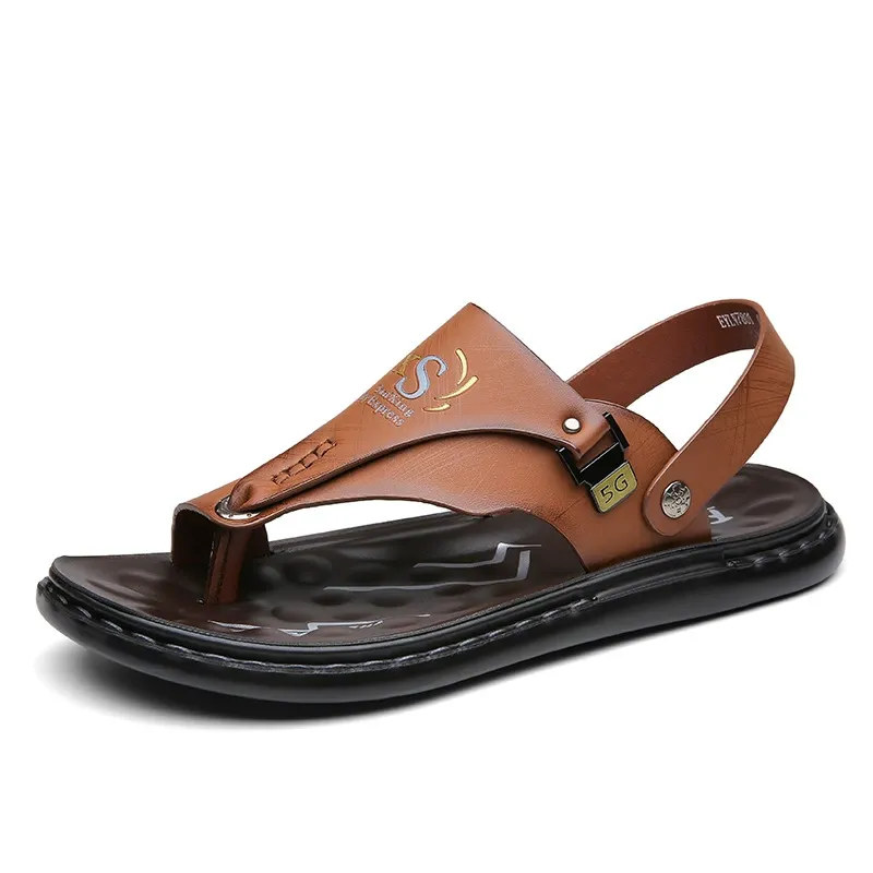 Men's Convertible Back Strap Leather Orthopedic Flip Flops Thong Sandals