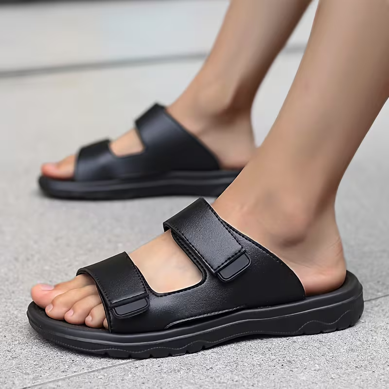Men's Lightweight Adjustable Leather Slide Slip-On Sandals