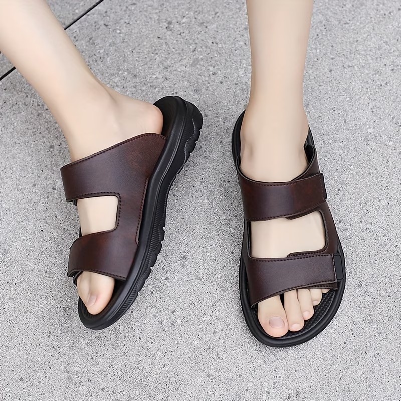 Men's Lightweight Adjustable Leather Slide Slip-On Sandals