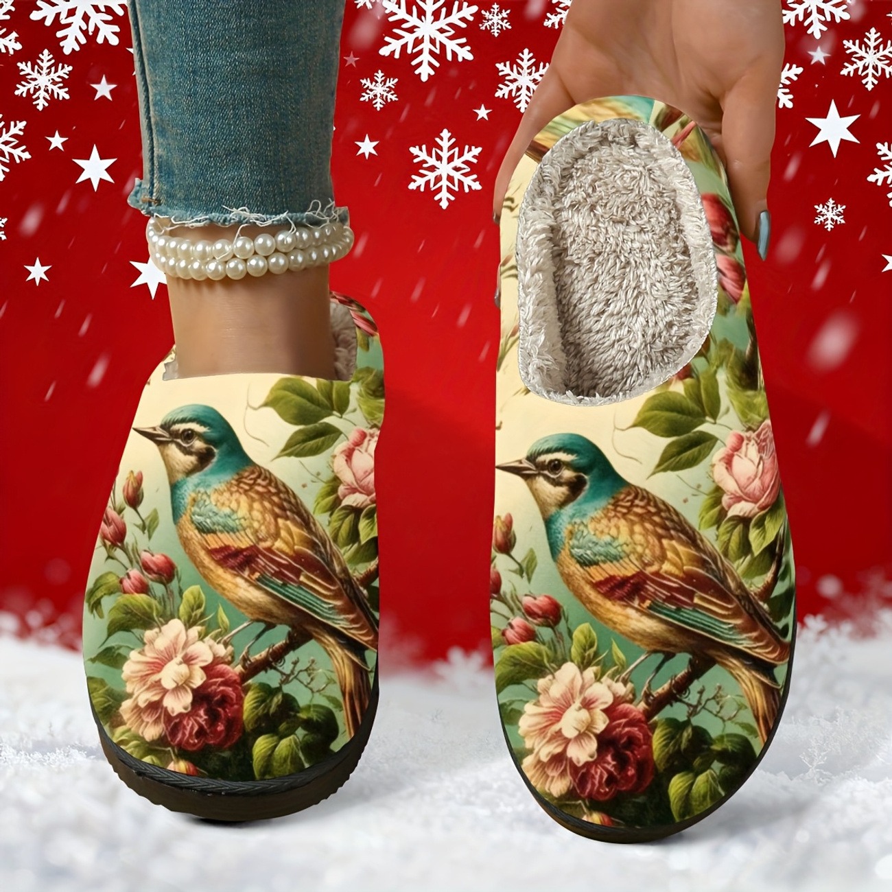 Women's Vintage Vintage Blue-headed Garden Bird & Rose Fleece Slippers
