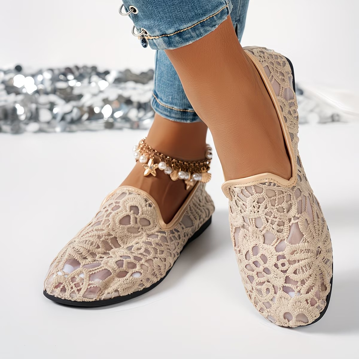 Women's Floral Lace Breathable Slip On Flat Loafer Shoes Hollow Out Casual Walking Flats