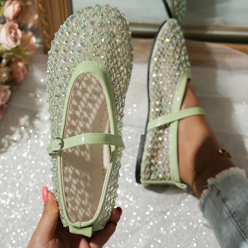 Women's Shiny Rhinestone Mesh Mary Jane Flats Party Shoes