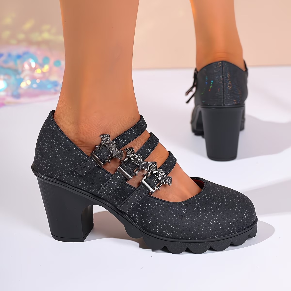 Latest Women's Sparkling Bat Buckle Chunky Heel Sandals Shoes for Stage, Campus, Banquet