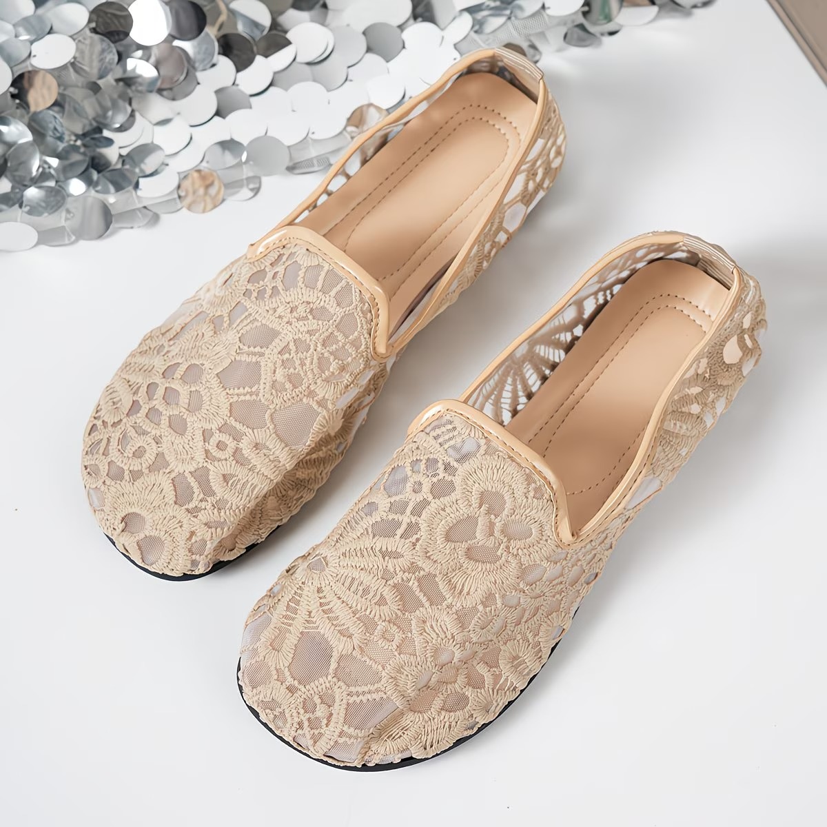 Women's Floral Lace Breathable Slip On Flat Loafer Shoes Hollow Out Casual Walking Flats