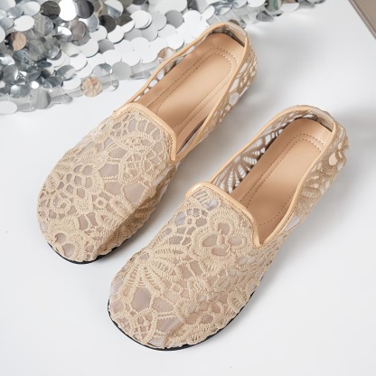 Women's Floral Lace Breathable Slip On Flat Loafer Shoes Hollow Out Casual Walking Flats