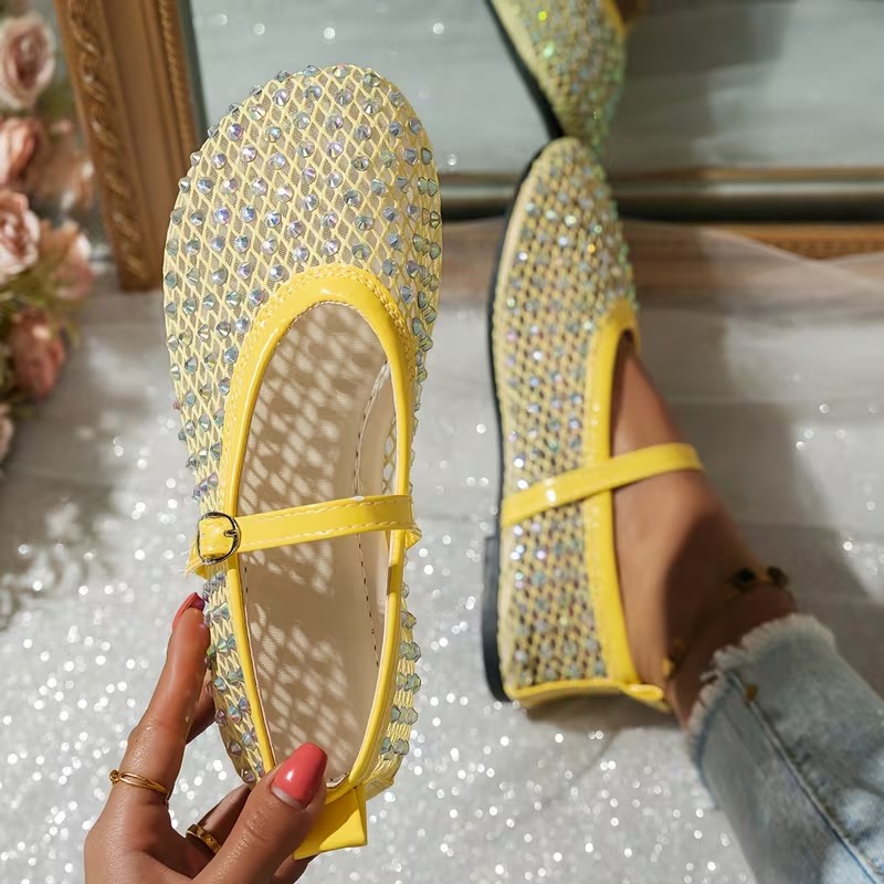 Women's Shiny Rhinestone Mesh Mary Jane Flats Party Shoes