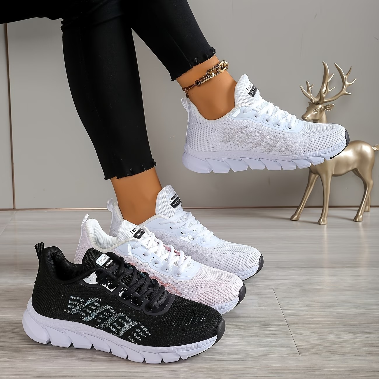 Women's Lightweight & Flexible Striped Embellished Cushioning Sneakers Sports Shoes