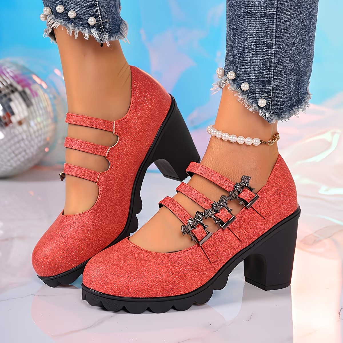 Latest Women's Sparkling Bat Buckle Chunky Heel Sandals Shoes for Stage, Campus, Banquet