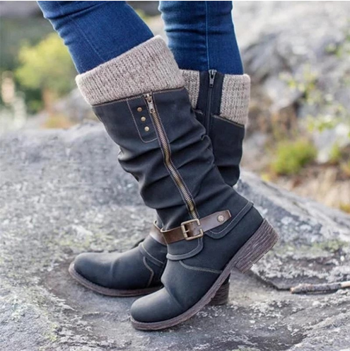 Women's Vintage Leather Zipper High Snow Boots