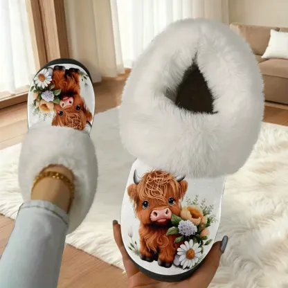Women's Cute Baby Highland Cow Floral Print Furry Collar Indoor/Outdoor Shoes