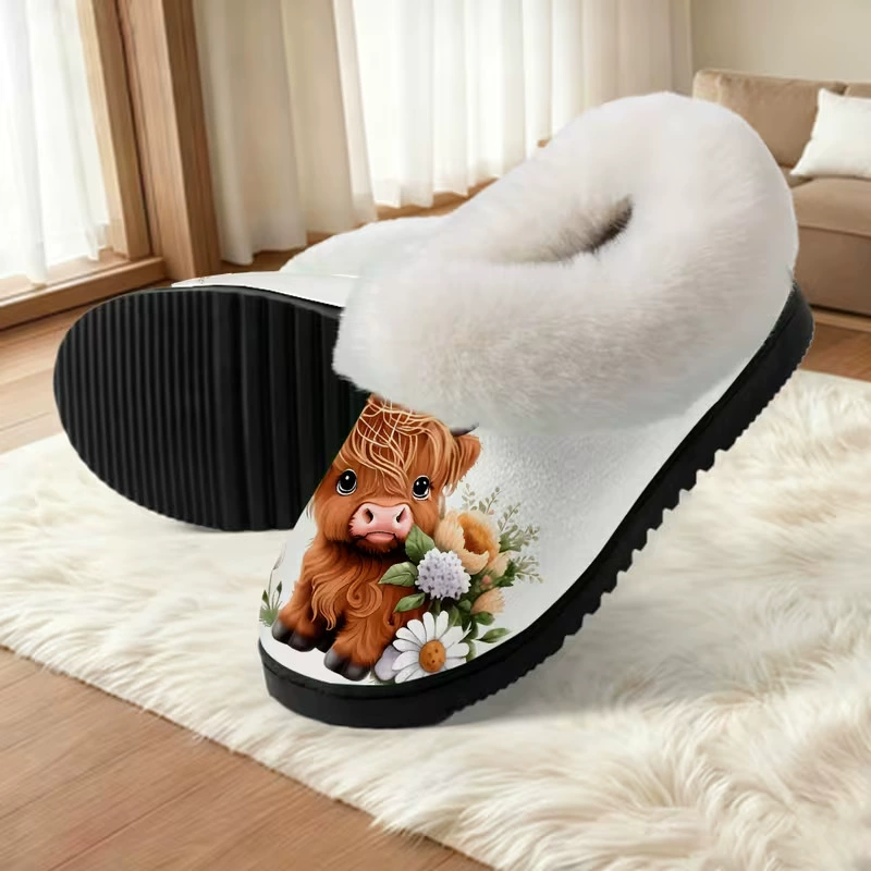 Women's Cute Baby Highland Cow Floral Print Furry Collar Indoor/Outdoor Shoes