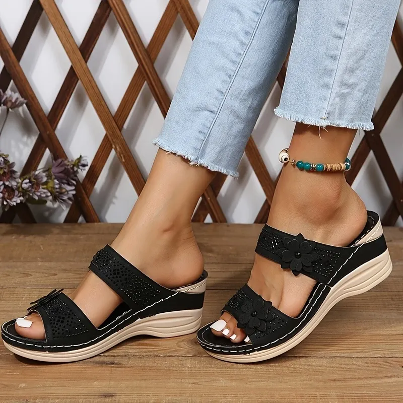 🔥LAST DAY PROMOTION 50% OFF - Women's Floral and Rhinestone Wedge San