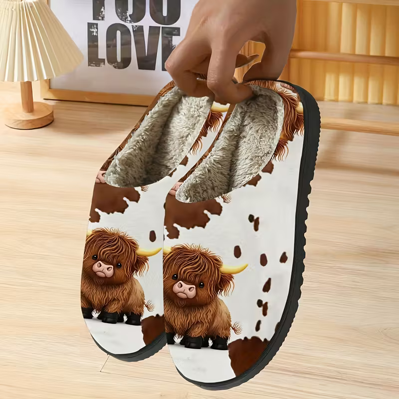 Women's Cozy Fleece-Lined Highland Cow Slippers Slip-On House Shoes for Holiday Gifts