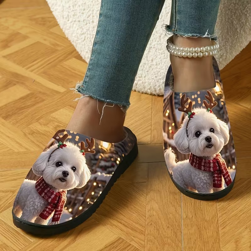 🔥LAST DAY 50% OFF🎁Women's Cozy Fleece-Lined Cute Dogs Slippers Slip-On House Shoes for Holiday Gifts
