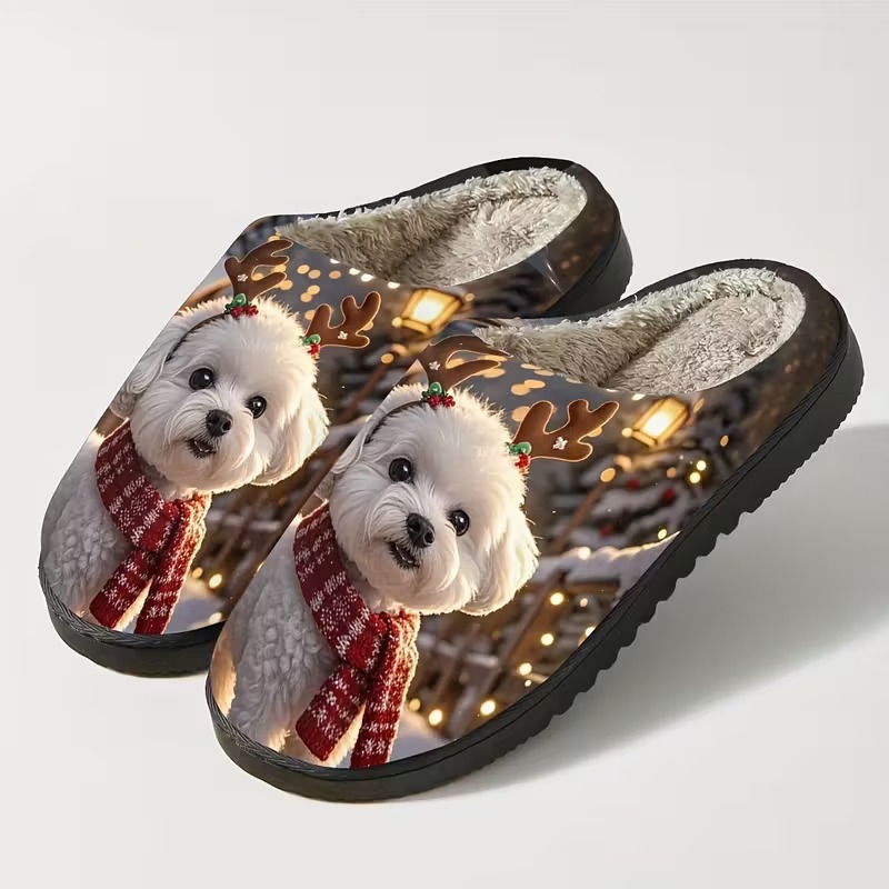 🔥LAST DAY 50% OFF🎁Women's Cozy Fleece-Lined Cute Dogs Slippers Slip-On House Shoes for Holiday Gifts