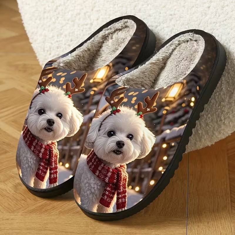 🔥LAST DAY 50% OFF🎁Women's Cozy Fleece-Lined Cute Dogs Slippers Slip-On House Shoes for Holiday Gifts