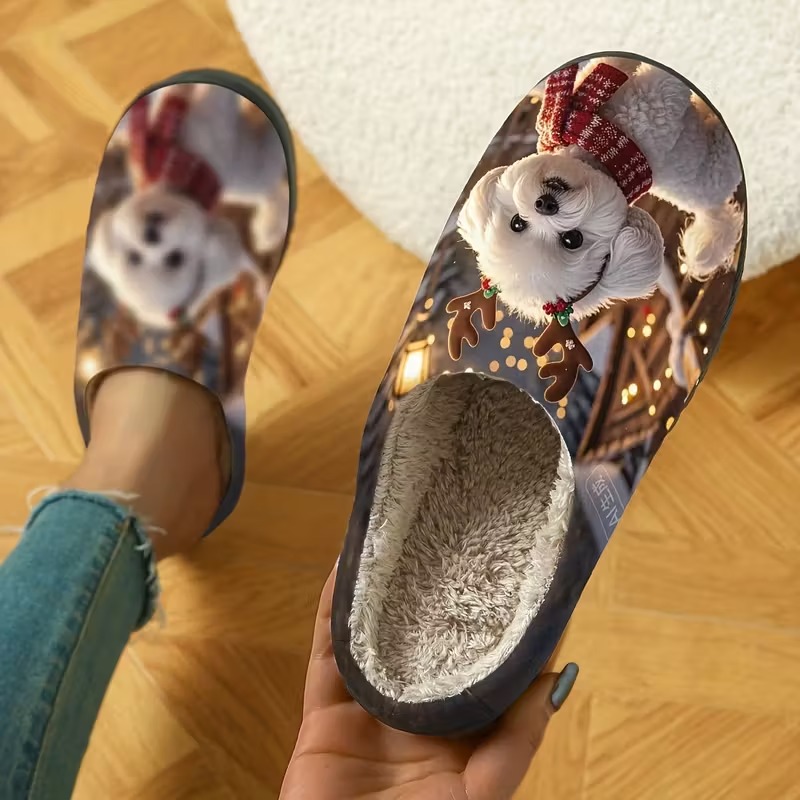 🔥LAST DAY 50% OFF🎁Women's Cozy Fleece-Lined Cute Dogs Slippers Slip-On House Shoes for Holiday Gifts