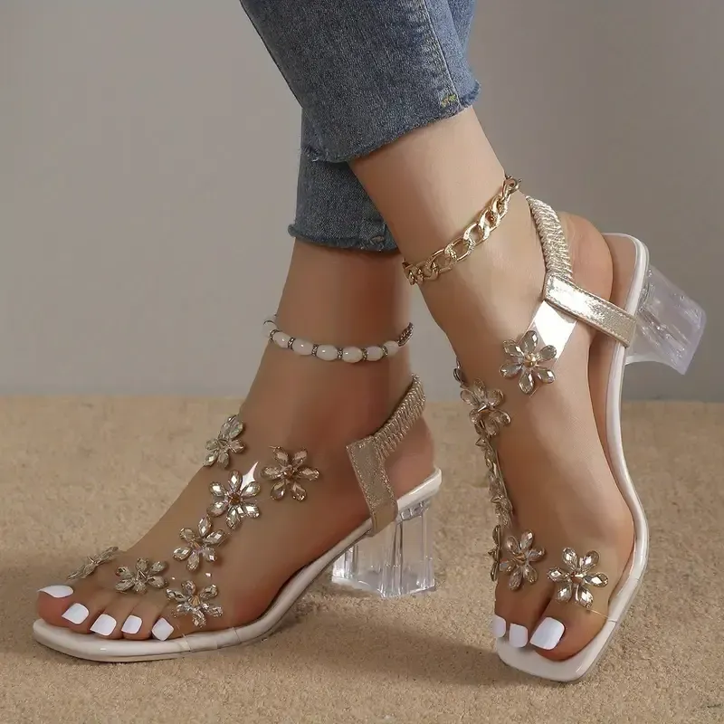 🔥Last Day Promotion 50% OFF - Women's Flower Rhinestone Block Heel Sandals