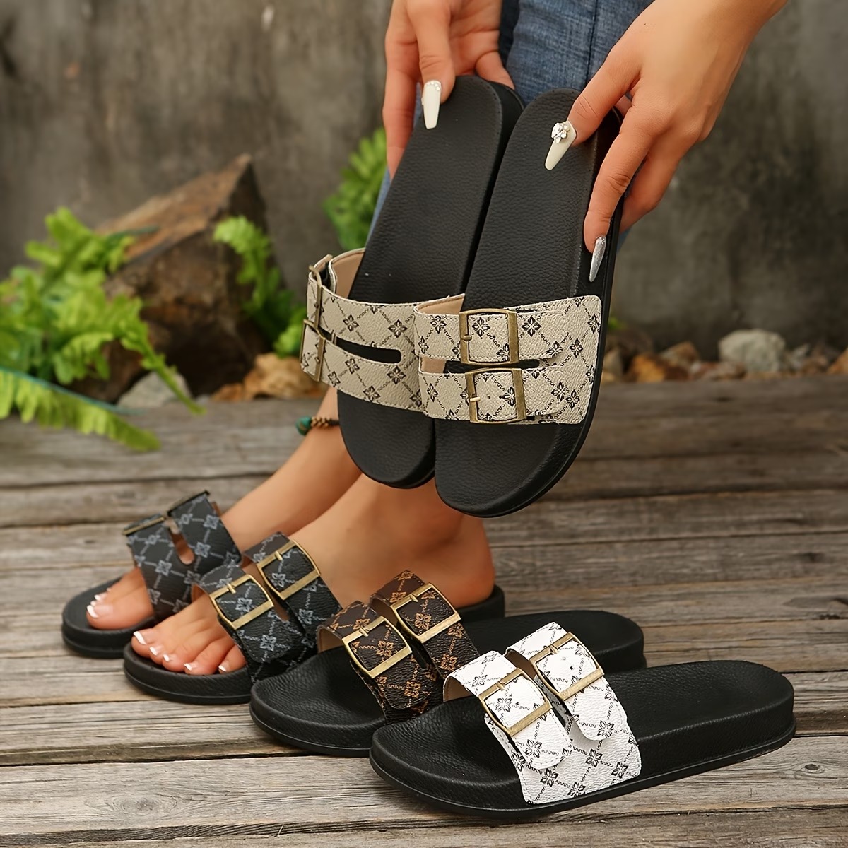  Women'S Double-Breasted Decorative Comfortable Beach Shoes 