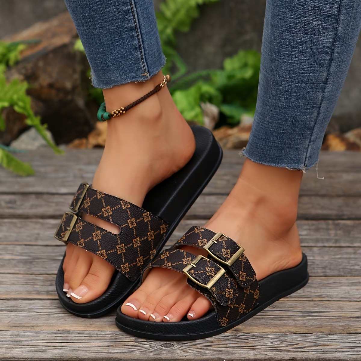  Women'S Double-Breasted Decorative Comfortable Beach Shoes 