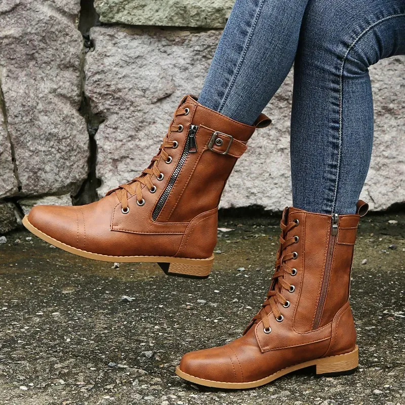 Women's Leather Wwaterproof Warm Platform Boots
