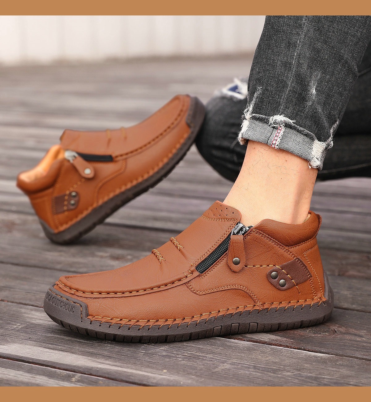 ⏰Last Day! 50% OFF 🔥Men's Handmade Leather Boots with Arch Support & Wide Toe Box | Easy Zip Design