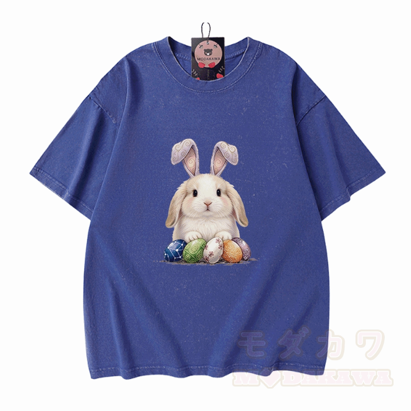 Easter Egg Bunny Graphic Modakawa Unisex Vintage Washed T-shirt - Blue - 5XL - image 4