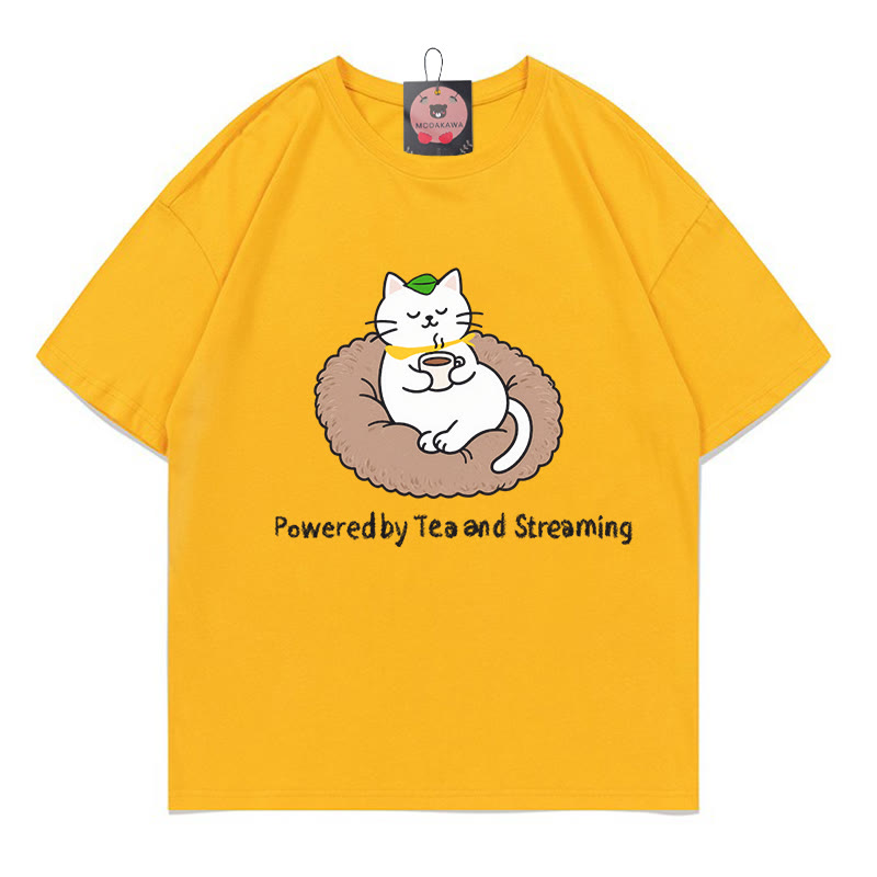 POWERED BY TEA AND STREAMING Kitty Print 100% Cotton Modakawa T-shirt - Yellow - 5XL - image 4