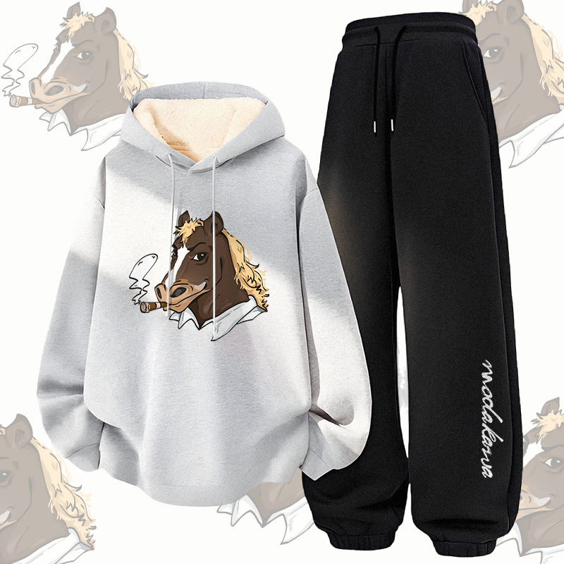 MODAKAWA Smoking Horse Graphic Thick Fleece Lined Hoodie Pants Two Pieces Set - Grey&Black - 5XL - image 2