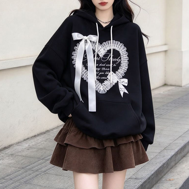 Chic Bow Lace Hoodie and Skirt Two Pieces Set - Black Top+ Coffee SKirt - XL - image 4