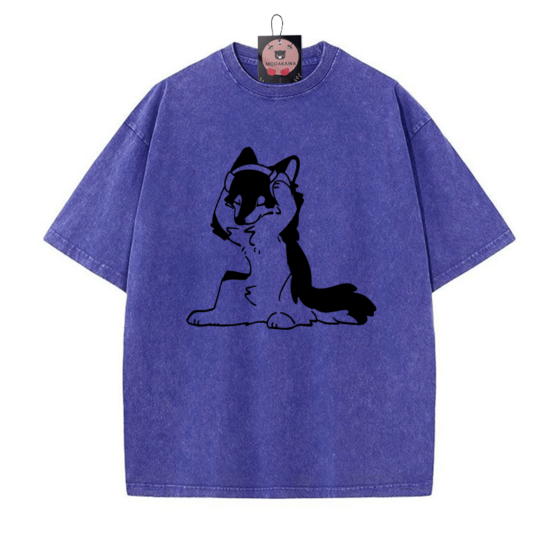 Lost In Music Puppy Graphic Unisex Vintage Washed T-shirt - Blue - 5XL - image 3