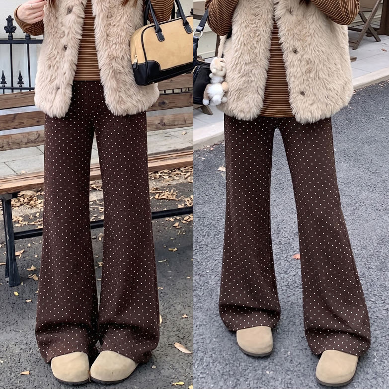Fleece Lined Polka Dot Flared Casual Pants - Coffee - XL - image 4