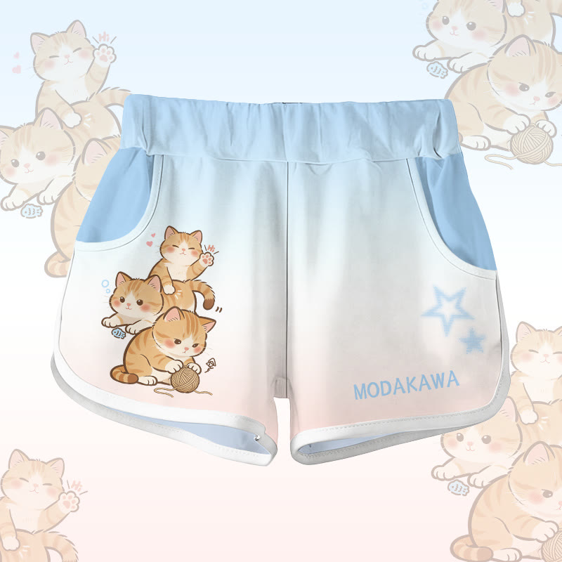 Playful Cat Graphic Modakawa Shorts - Blue - 5XL - image 3