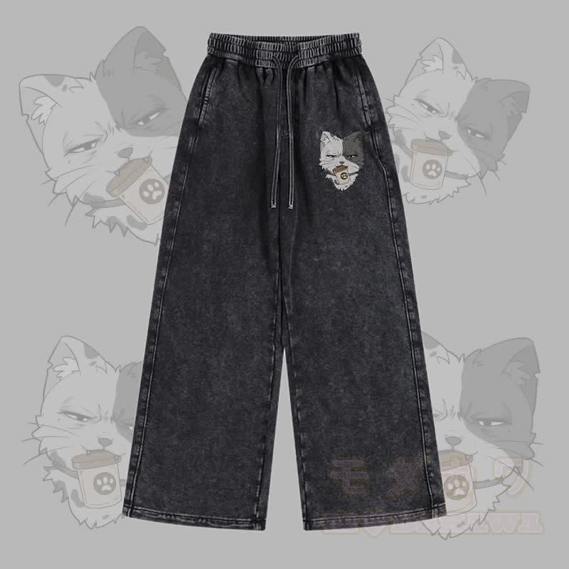 MODAKAWA Cat Holding Can Graphic Vintage Washed Adjustable Hem Pants - Black - 2XL - image 3