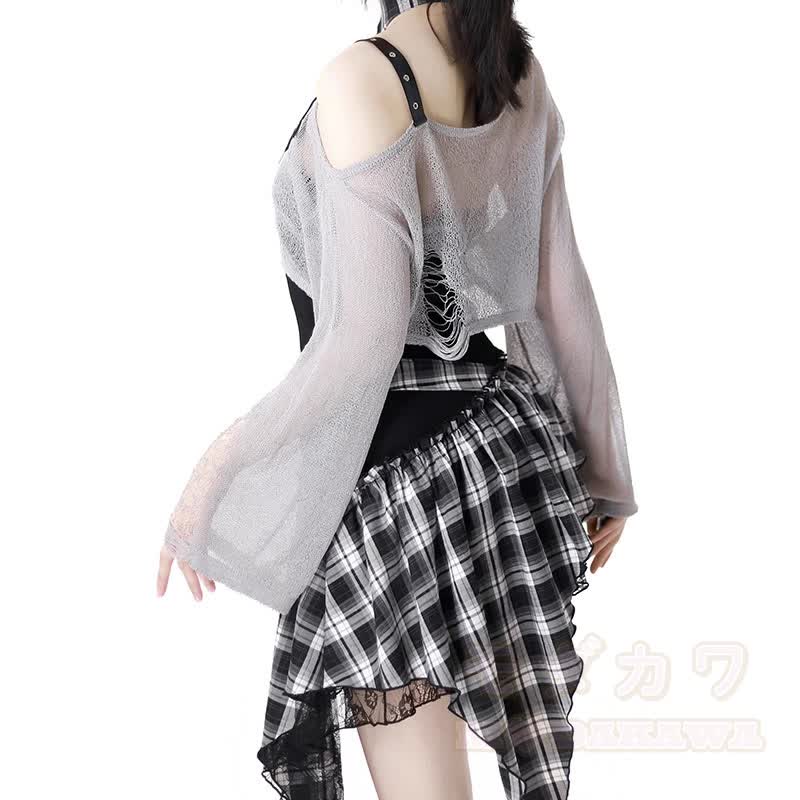 Gothic Sheer Mesh Top Plaid Dress Two Pieces Set - image 5