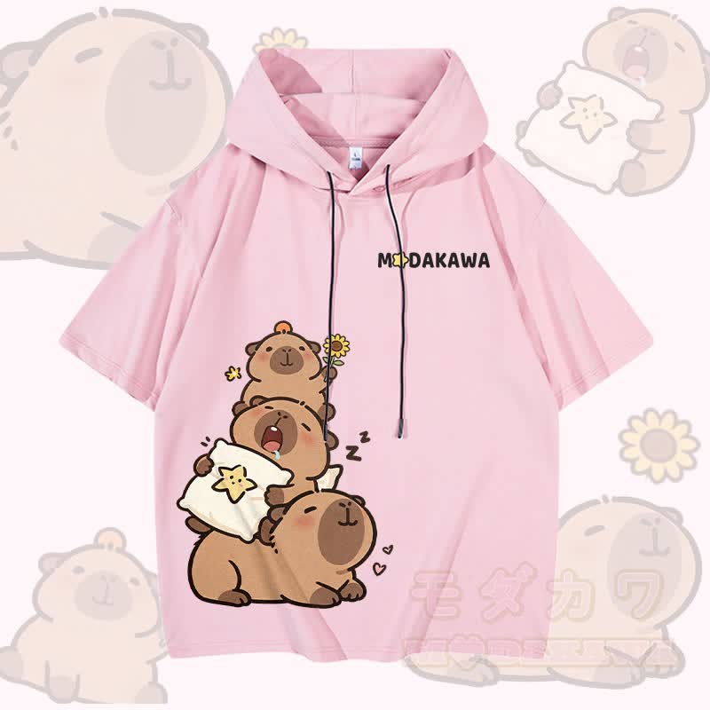Capybara Stack Graphic Modakawa Short Sleeve Hoodie - Pink - 3XL - image 5