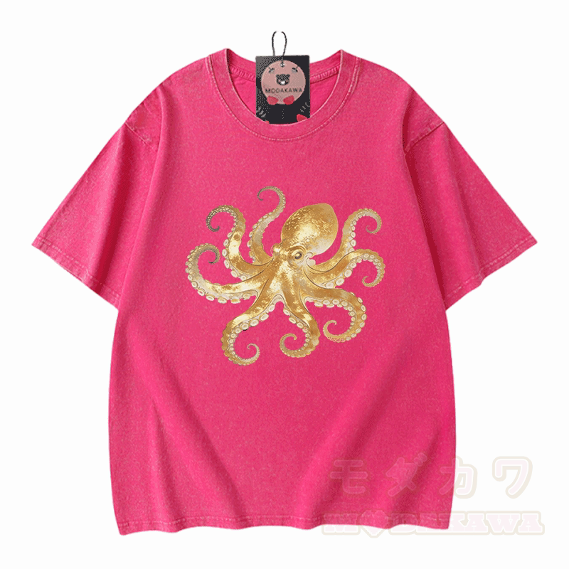 Octopus Graphic Modakawa Vintage Washed 100% Cotton T-shirt - Rose Red - 5XL - image 5