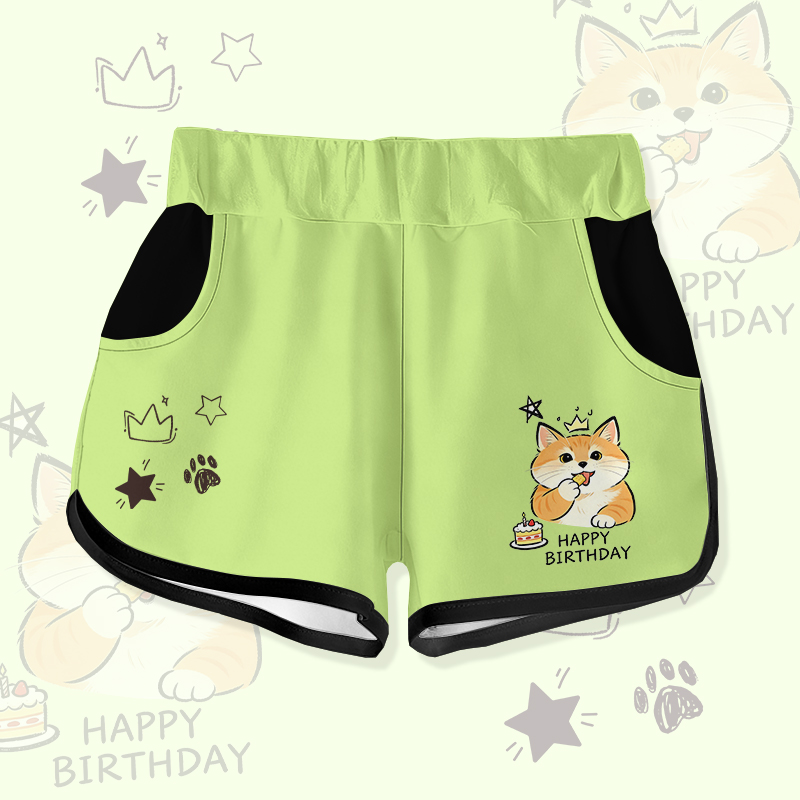 HAPPY BIRTHDAY Cat Cake Graphic Modakawa Shorts - Green - 5XL - image 4