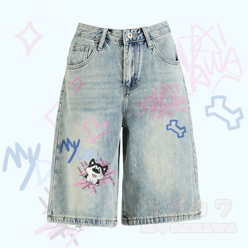 MODAKAWA Tongue Out Puppy Graphic Bermuda Denim Shorts - Nostalgic Blue - 2XL - image 3