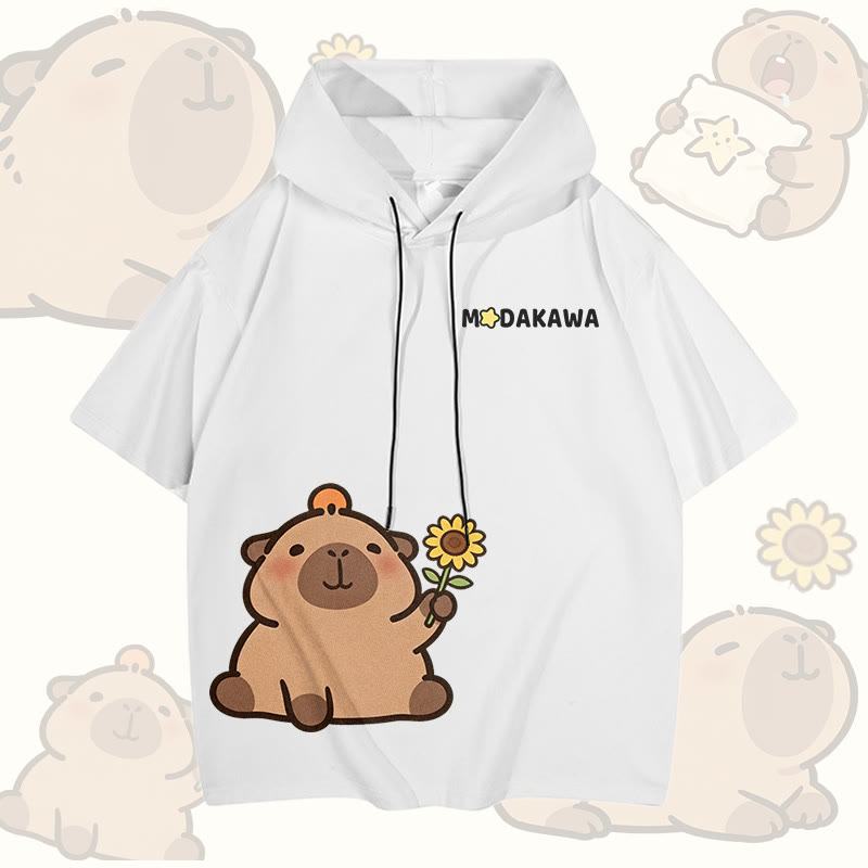 Sunflower Capybara Graphic Modakawa Short Sleeve Hoodie - White - 3XL - image 4