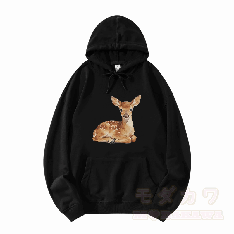 Cute Baby Deer Graphic Modakawa Loose Cotton-Blend Hoodie - Black - 5XL - image 3