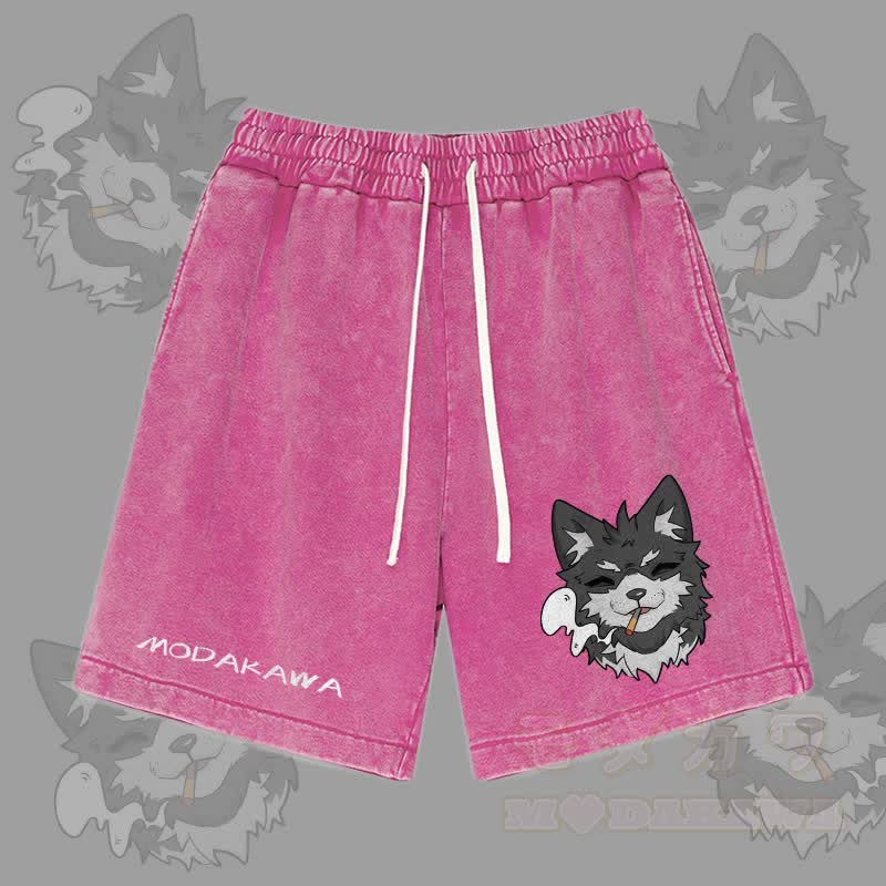 MODAKAWA Koda Smoking Graphic Vintage Washed Streetwear Shorts - Rose Red - 3XL - image 5